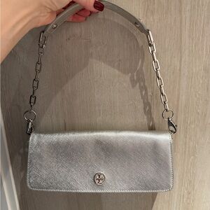 Tory Burch Silver Clutch with Chain Strap